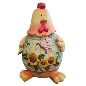 Vintage Pathwork Chicken Figurine Sunflowers Folk Art Farmhouse Cottage Rooster
